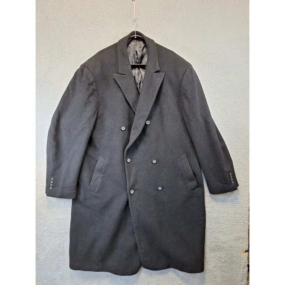 Chaps Overcoat Mens 50L Black Wool Blend Double Breasted Long Trench Coat Formal